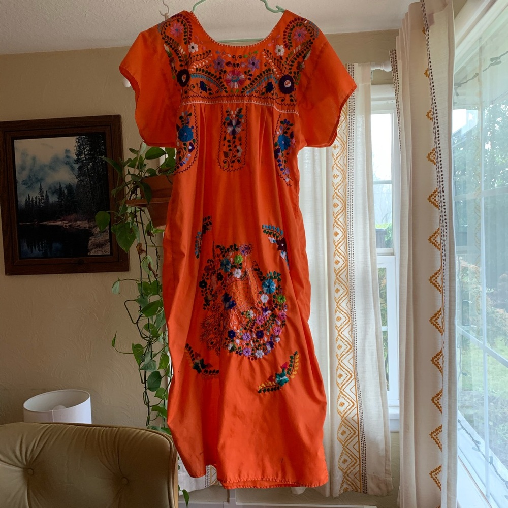 Mexican embroidered maxi summer dress orange